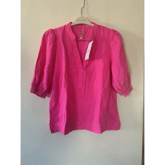 $138 NWT Lilly Pulitzer 100% Linen Hot Pink Barbie Short Puff Sleeve Blouse Sz 8 - Picture 2 of 12